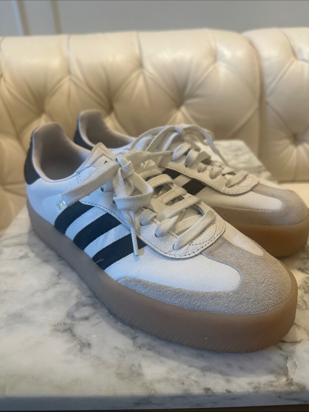 adidas DAMBA White Leather & Black Stripe Platform Sneakers with Gum Sole